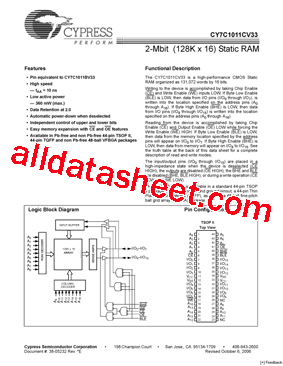 CY7C1011CV33-15AI型号图片