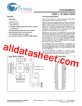 CY7C1041BNV33L-12ZC型号图片