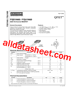 FQD1N60TM型号图片