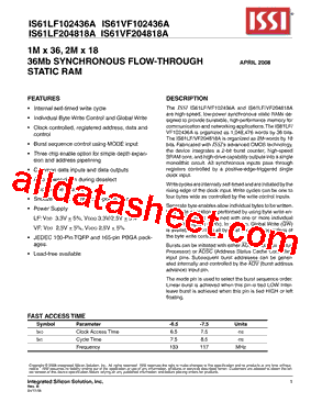 IS61LF102436A-7.5TQI型号图片