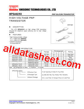 MPSA92G-T9N-K型号图片