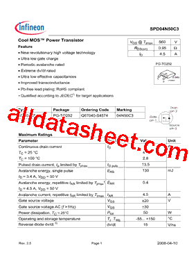 SPD04N50C3型号图片