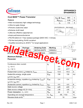 SPP04N50C3XKSA1型号图片