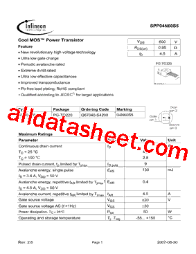 SPP04N60S5型号图片