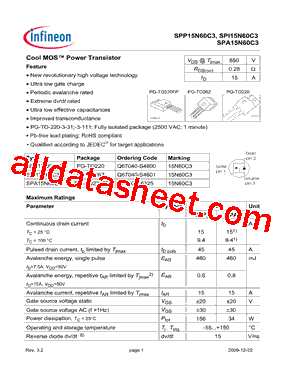 SPP15N60C3型号图片