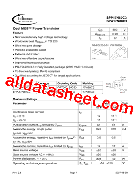 SPP17N80C3型号图片