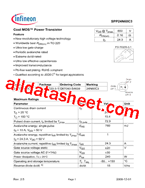 SPP24N60C3型号图片