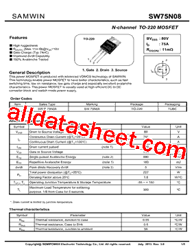 SW75N08型号图片
